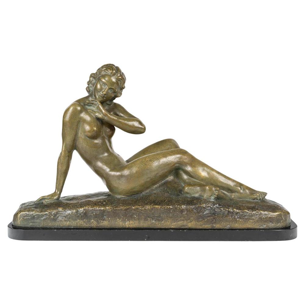 Sculpture of Nude Woman in Bronze and Marble by Cipriani, 1930s