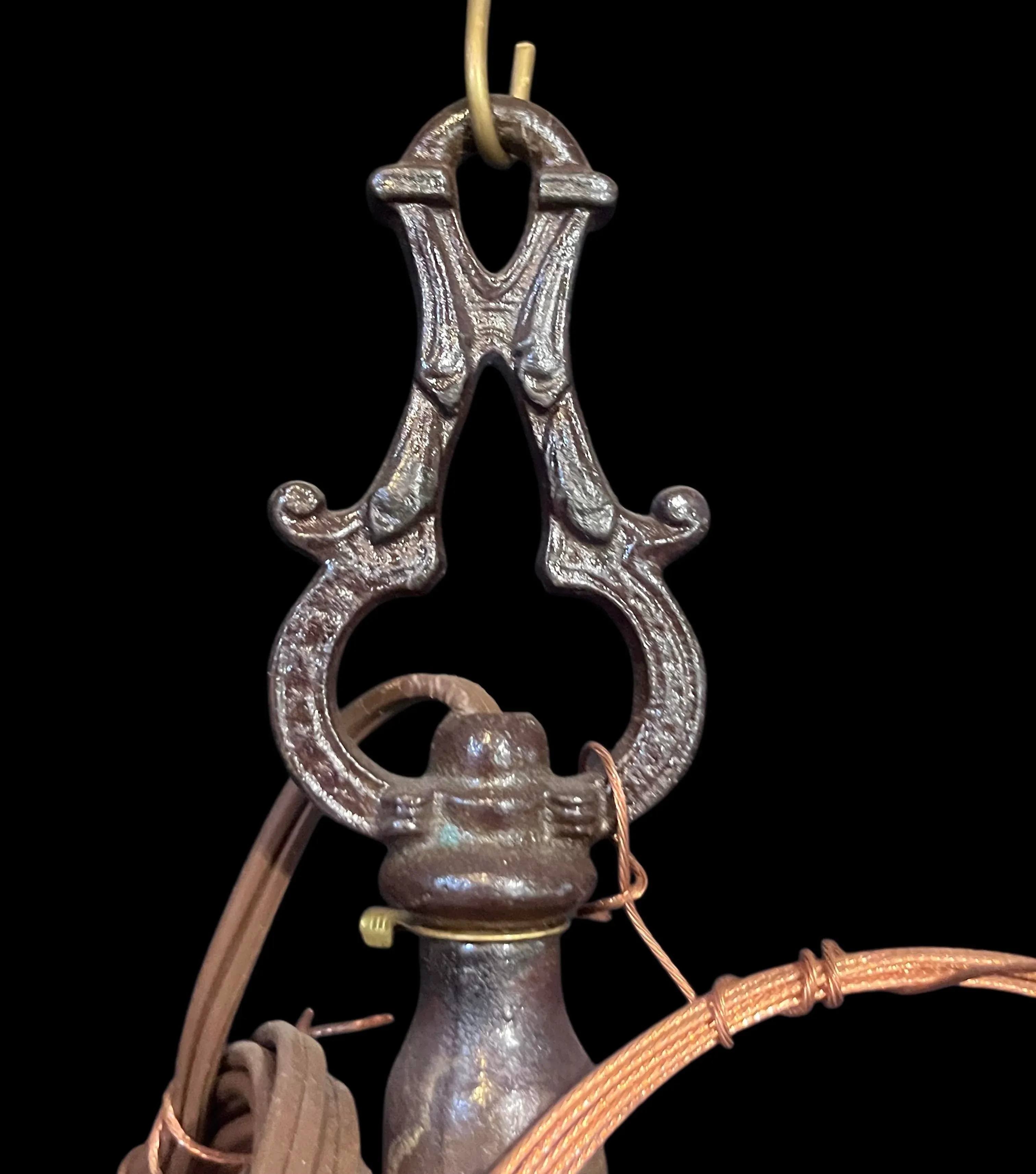Late 19th Century Dark Cast Iron Pendant Light With Light Blue Shade