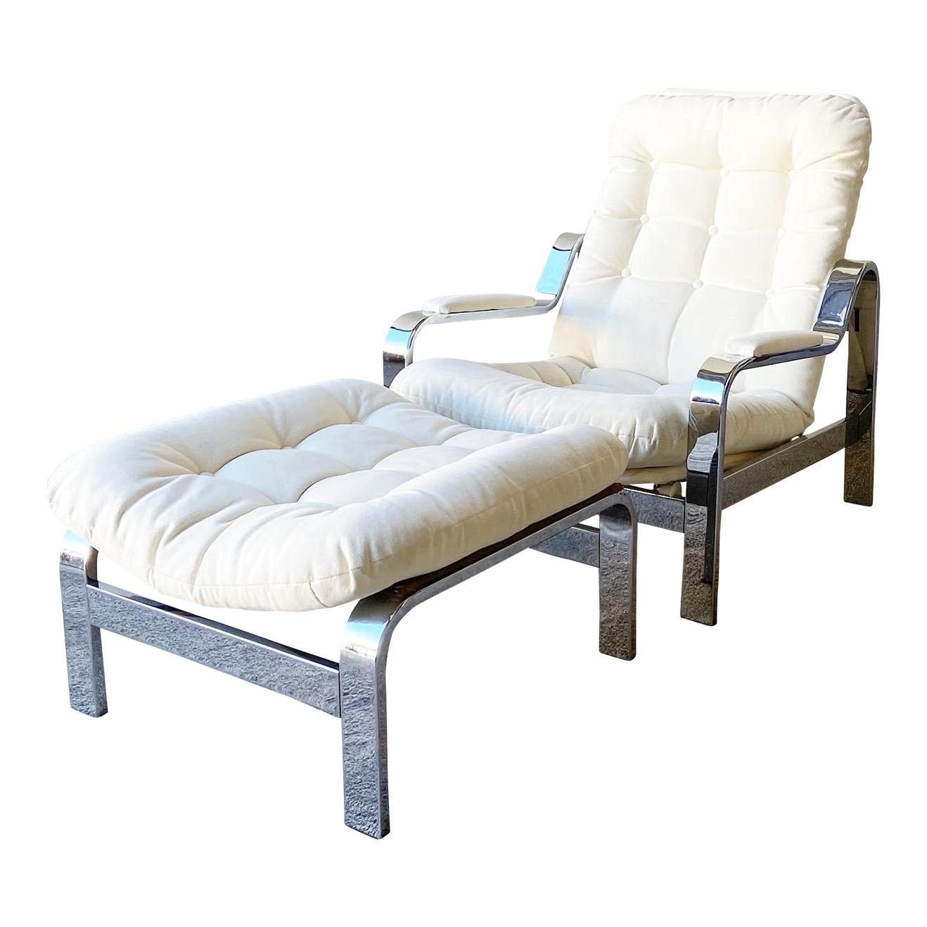 1970s Mid Century Modern Chrome Reclining Lounge Chair With Ottoman by