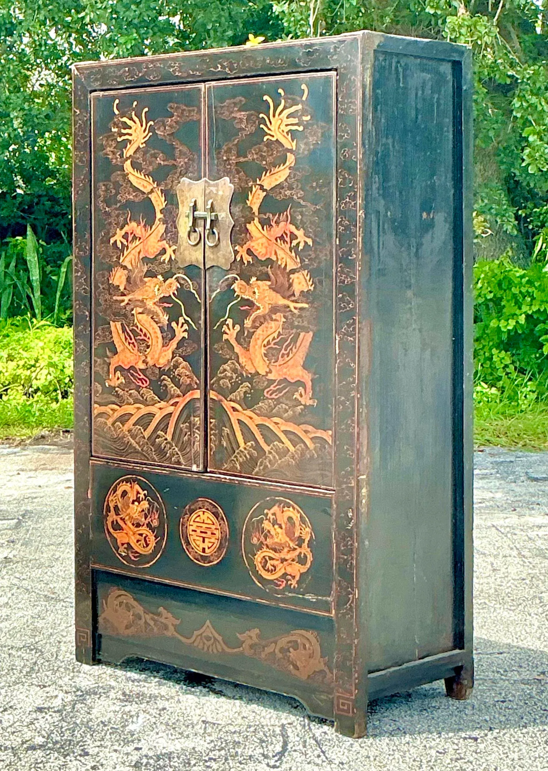 Vintage Asian Hand Painted Dragon Cabinet | Chairish