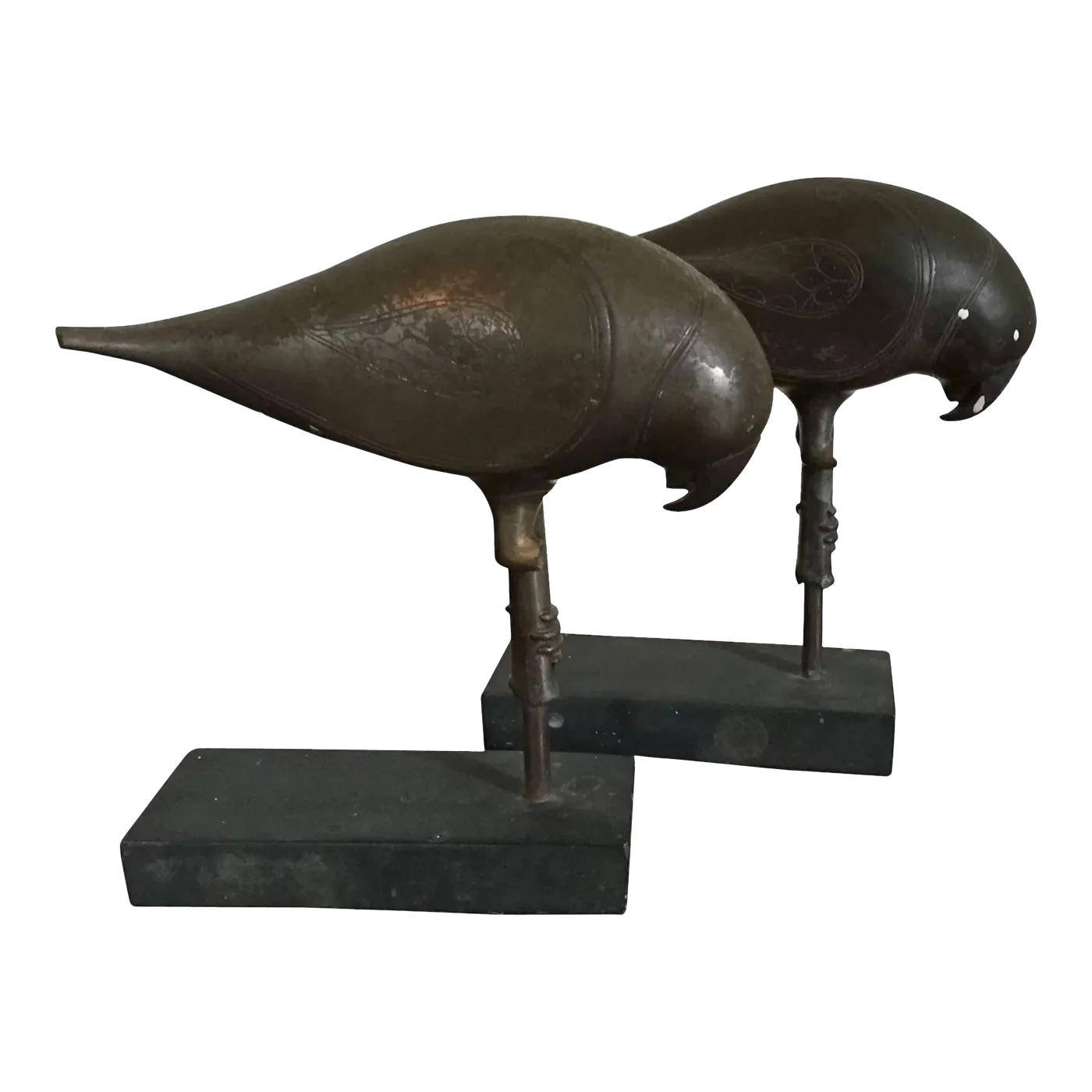Antique Bronze Parrots with Incised Decoration - a Pair