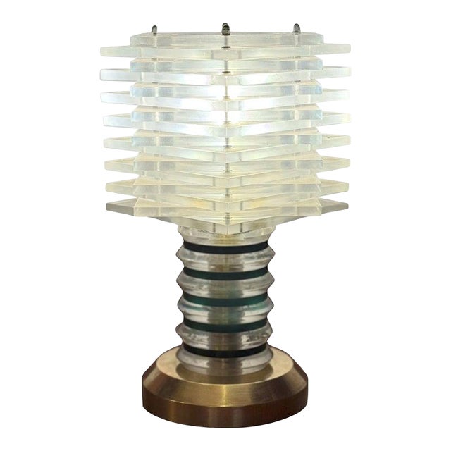 Italian Vintage Modernist Lucite and Brass Table Lamp, C. 1968–1975 For Sale