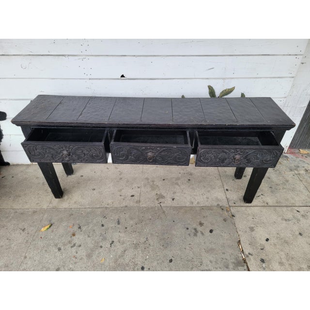 1990s Rustic Black Wood Console Table For Sale - Image 11 of 18