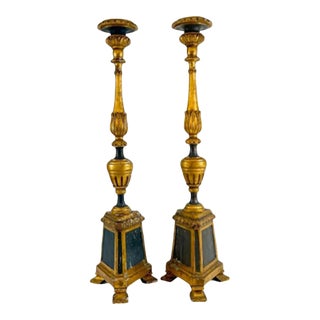 Pair of Tall Antique Victorian Gold Painted Wooden Candle Holders For Sale
