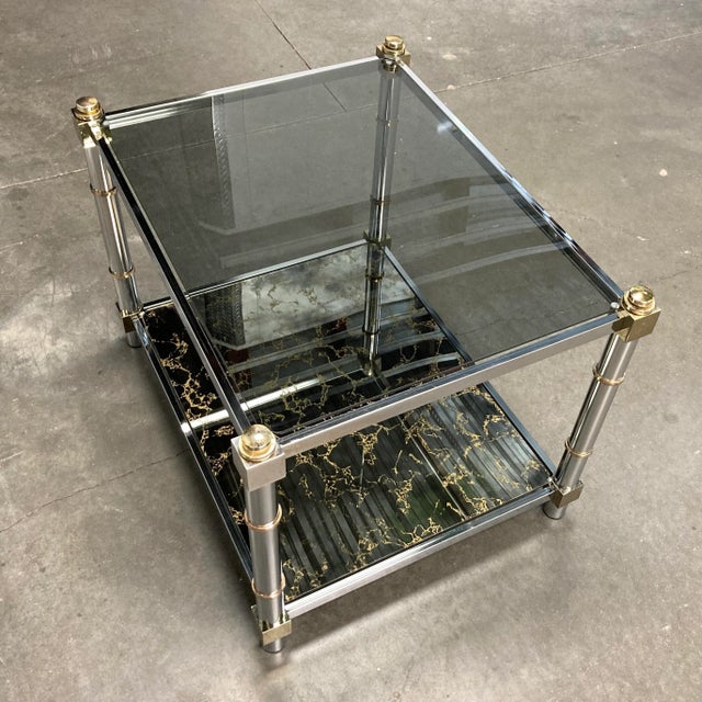 1980s Mid-Century Modern Chrome & Brass Tiered Glass End Table For Sale - Image 13 of 13