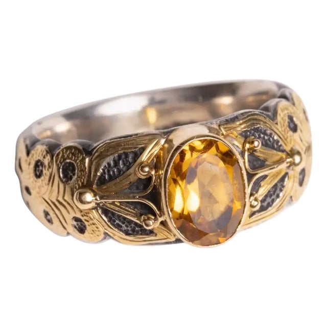 1990s Yellow Sapphire, 18K Gold and Sterling Silver Ring, Size 7.25 For Sale