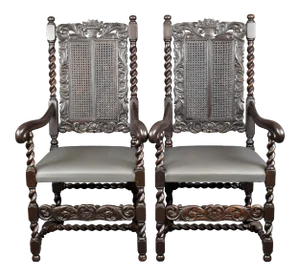 Antique Renaissance Revival Carved Oak Barley Twist Throne Arm Chairs - a Pair