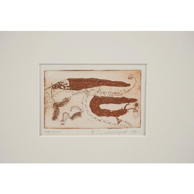 An abstract expressionist miniature etching on paper depicting insects with arrows forming a path from start to finish by...
