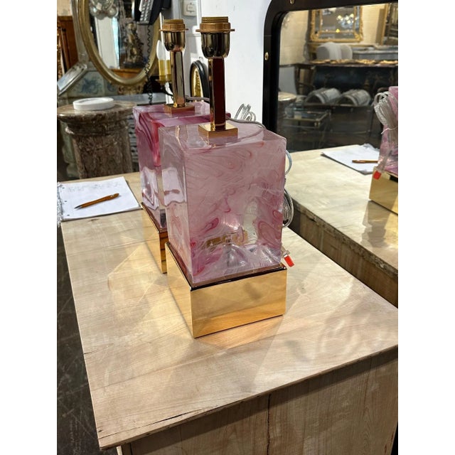 Pair of Pink Murano Glass Block Lamps For Sale In Dallas - Image 6 of 8