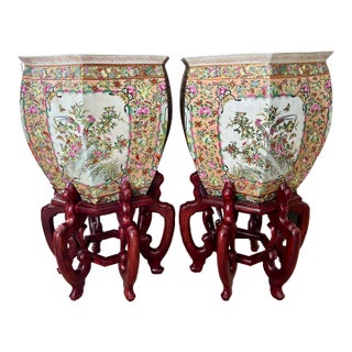 Pair Large Vintage Chinese Famille Rose Fish Bowl Planters on Stands For Sale