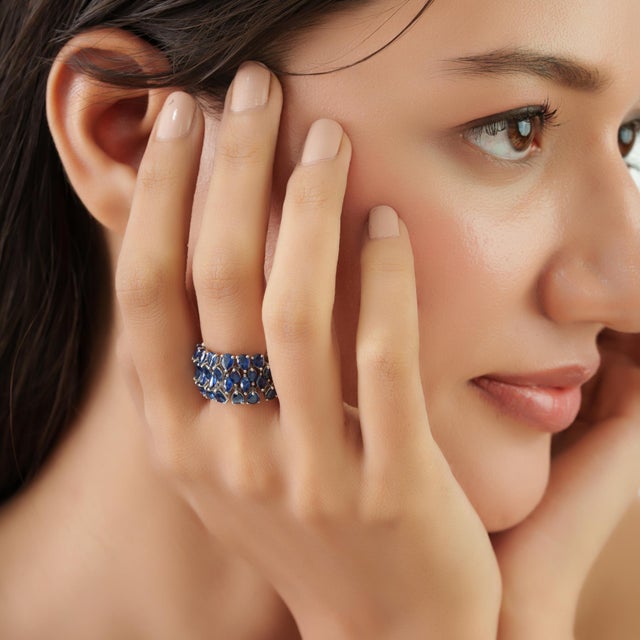 3.4 Ct Certified Natural Blue Sapphire Three Row Mosaic Cluster Ring, Size 7 For Sale - Image 9 of 14