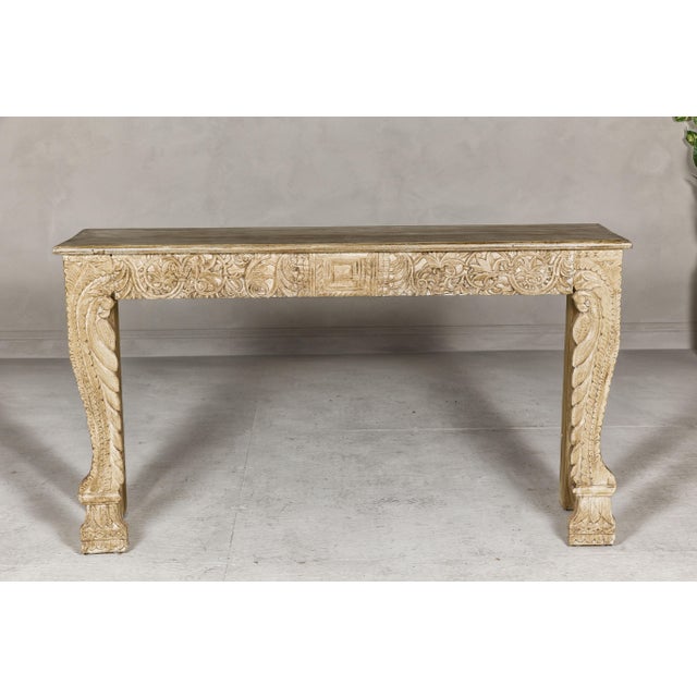 Mughal Style Painted Console Table with Foliage Carved Apron and Legs For Sale In New York - Image 6 of 12
