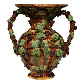 19th Century French Painted Ceramic Barbotine Vase With Vine, Grape & Leaf Decor For Sale