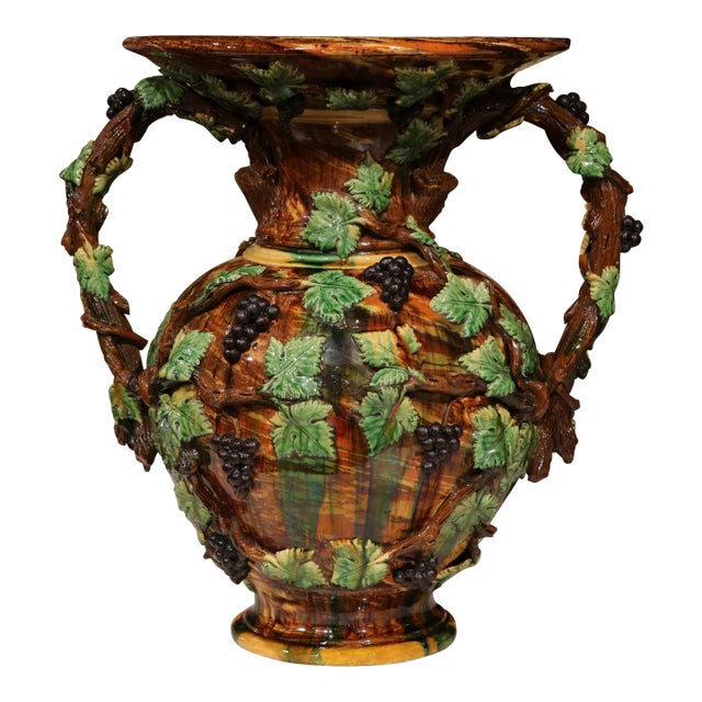 19th Century French Painted Ceramic Barbotine Vase With Vine, Grape & Leaf Decor For Sale