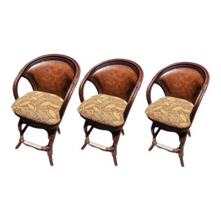 1970s Elevate Your Home Bar With This Set of 3 Premium Hooker Furniture Leather & Rattan Swivel Barstools! For Sale