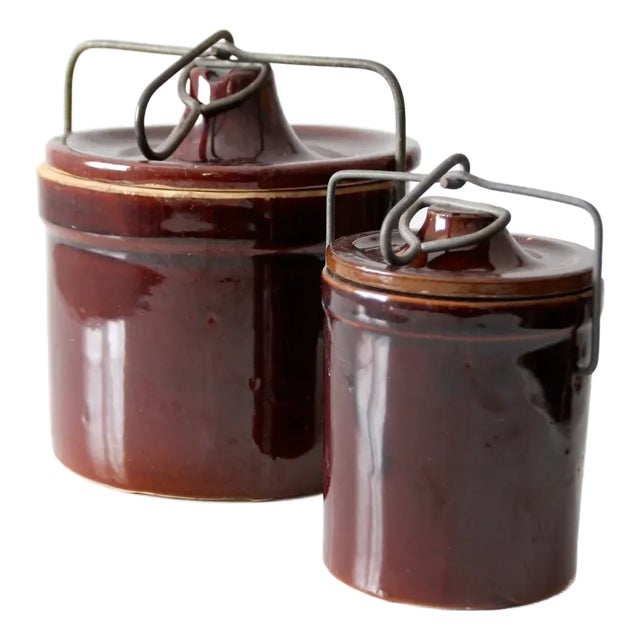 Vintage Stoneware Bail Lock Jar Set/2 For Sale