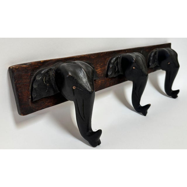Wood Hand-Carved Wooden Elephant Wall Coat Rack Triple Head Hooks Asian/African Style For Sale - Image 7 of 12