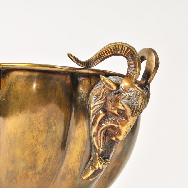 Vintage Brass Ram Head Footed Bowl Centerpiece Jardiniere Cache Pot Hollywood Regency Decor For Sale In Rochester - Image 6 of 12