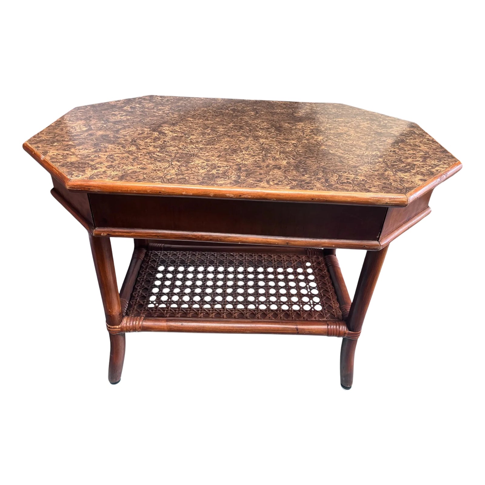1980s Bombay Company Side Table With Hidden Drawer and Lower Caned