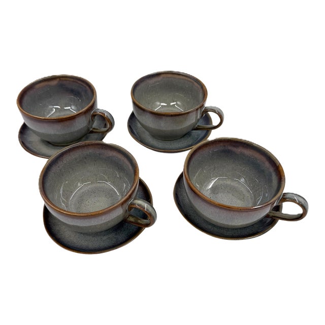 Vietnamese Dual-Glaze Stoneware Ceramic Coffee Cups and Saucers With Spiral Motif - Set of 4 For Sale