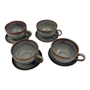 Vietnamese Dual-Glaze Stoneware Ceramic Coffee Cups and Saucers With Spiral Motif - Set of 4