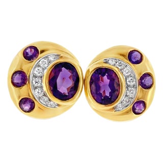 Vintage 18k Yellow Gold Amethyst & Diamond Earrings, Pair For Sale