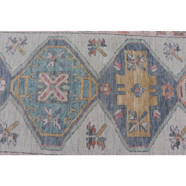 Colorful Modern Oushak Runner With Diamond Medallions and Multi-Tier Border For Sale - Image 11 of 12