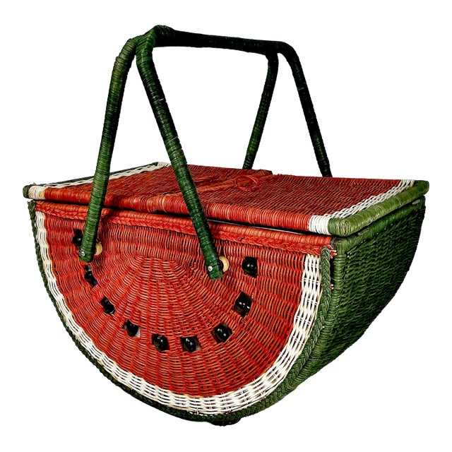 1980s Vintage Boho Chic Arts & Crafts Trompe L’Oeil Watermelon Wicker Picnic Basket. For Sale