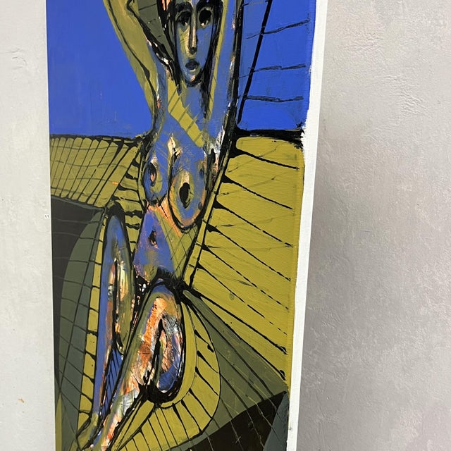 This painting depicts a nude figure embedded in an open, imaginary space where organic forms and geometric abstraction...