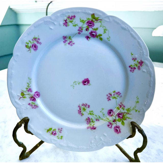 Ceramic Antique French Limoges Pink Floral Embossed Dinner Plates - Set of 4 For Sale - Image 7 of 10