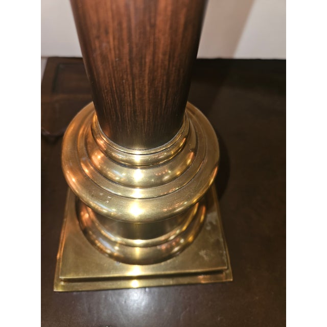 Handsome Classical Column Faux Painted Wood Lamps With Brass Capitals and Base - A Pair For Sale - Image 4 of 4