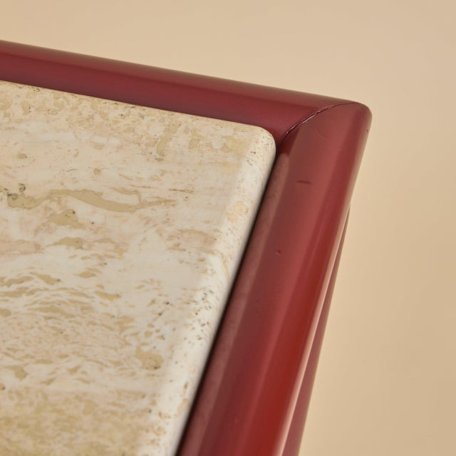 Wood Italian Red Lacquered Wood + Travertine Console, 1970s For Sale - Image 7 of 13