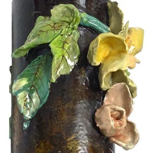 Ceramic Antique French Barbotine Floral Majolica Vase For Sale - Image 7 of 9