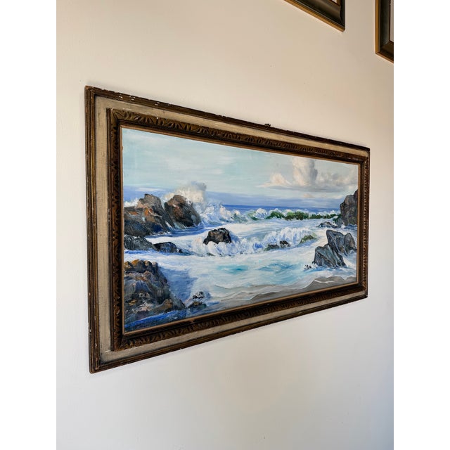 A beautiful 1970s impressionist seascape by Liz Lemons, capturing the movement and energy of crashing waves along a rocky...
