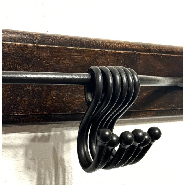 Antique Carved Hardwood & Forged Iron Wall Hook Assembly (Coat and Hat Rack) For Sale In Tampa - Image 6 of 9