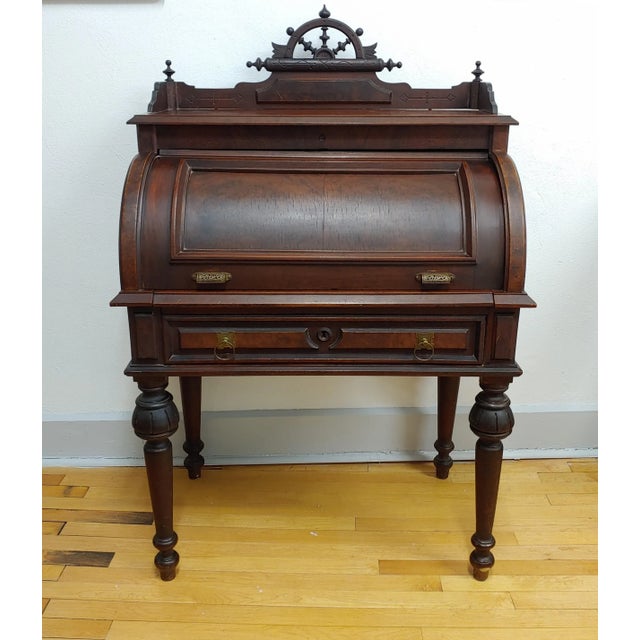 Antique 19th Century Mahogany Renaissance Revival Banker's Cylinder Secretary Desk For Sale - Image 13 of 13