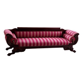 American Empire Revival Mahogany Scroll Arm Sofa, 90” For Sale