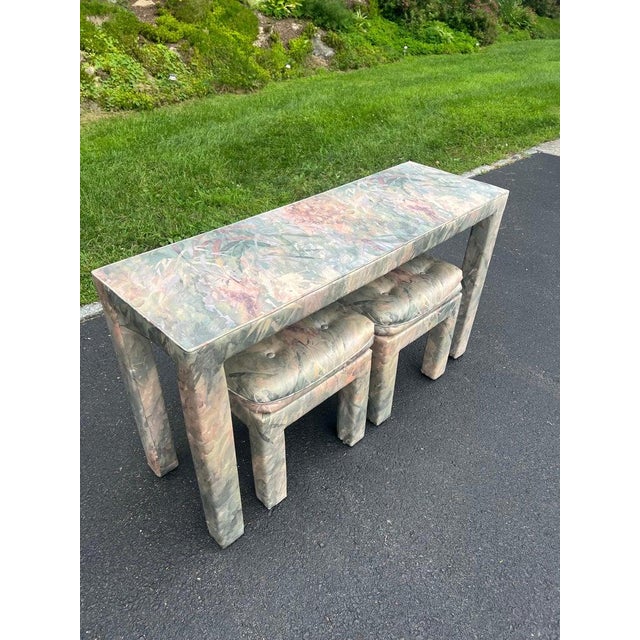1990s Mid-Century Modern Parsons Console Table With Upholstered Ottomans For Sale - Image 5 of 18