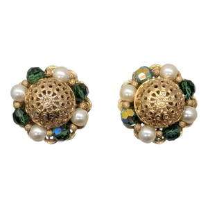 Vintage 1960s Signed Napier Green Aurora Borealis & Faux-Pearl Clip Earrings- 2 Pieces