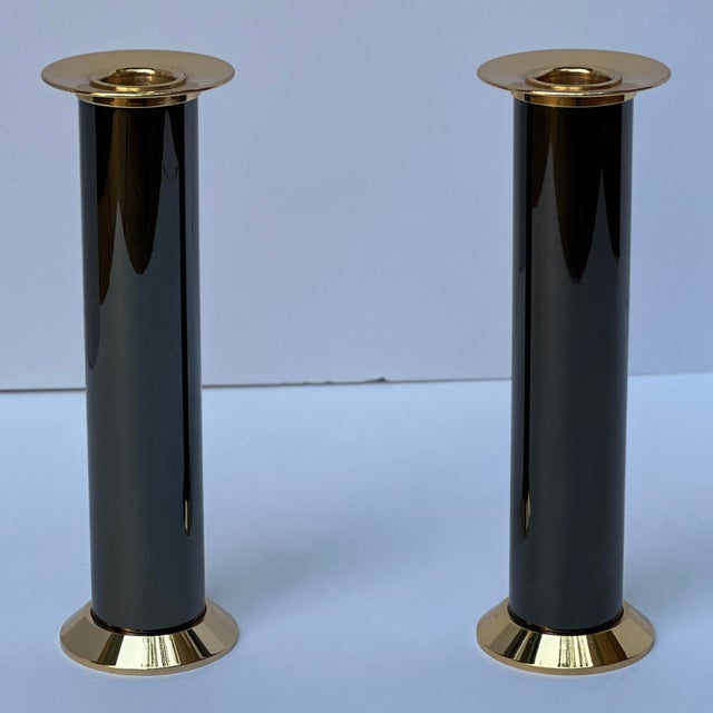 Postmodern Italian Cylindrical Column Mixed Metals Candle Holders - a Pair For Sale - Image 9 of 10