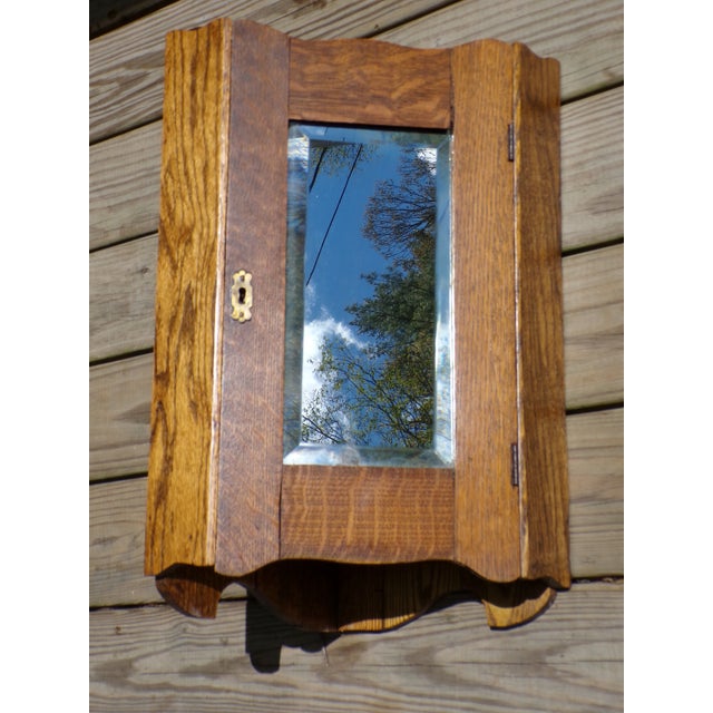 Antique Oak Corner Medicine Cabinet Beveled Mirror Cupboard Kitchen Apothecary For Sale - Image 11 of 13
