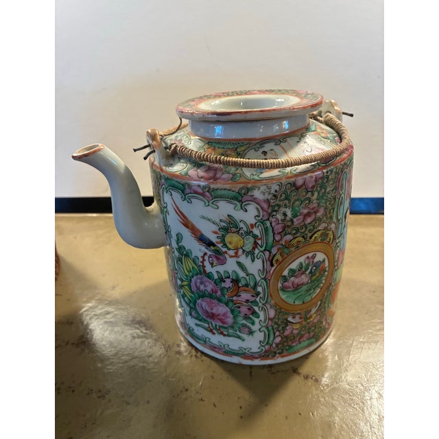 Chinese Antique Chinese Famille Rose Porcelain Teapot in Its Original Basket, 19th Century For Sale - Image 3 of 12