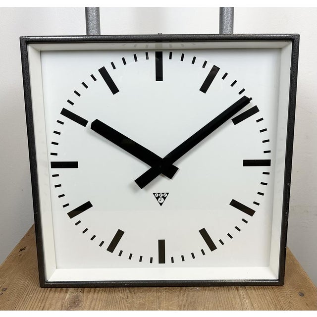 Metal Large Industrial Square Double Sided Factory Ceiling Clock from Pragotron, 1970s For Sale - Image 7 of 18
