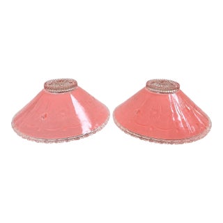 Vintage Art Deco Pink Satin Glass Ceiling Light Shades, Floral Relief, Circa 1935–1945 - a Pair For Sale