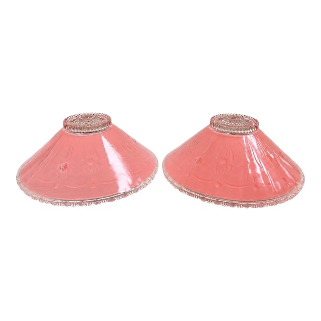 Vintage Art Deco Pink Satin Glass Ceiling Light Shades, Floral Relief, Circa 1935–1945 - a Pair For Sale