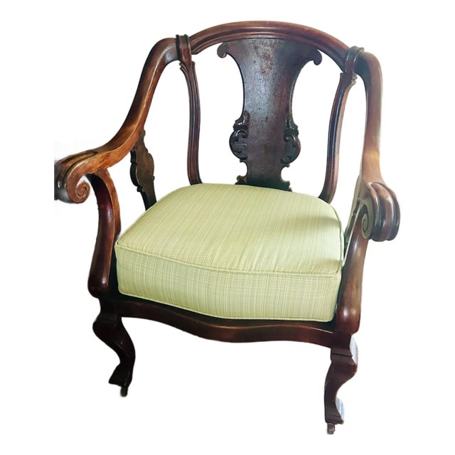 Vintage Queen Anne Mahogany Armchair With Sage Green Upholstery For Sale
