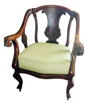 Vintage Queen Anne Mahogany Armchair With Sage Green Upholstery