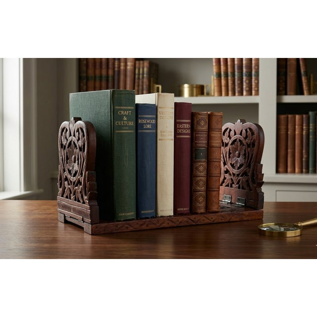 ​Mid-Century Hand-Carved Sheesham Wood Expanding Book Slide - Anglo-Indian For Sale - Image 4 of 6