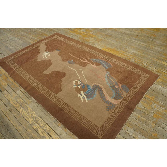 Chinese Magnificent Brown Earth Tone Color and Majestic Chinese Dragon Design in Light Blue and Ivory Antique Chinese Peking Rug For Sale - Image 3 of 9