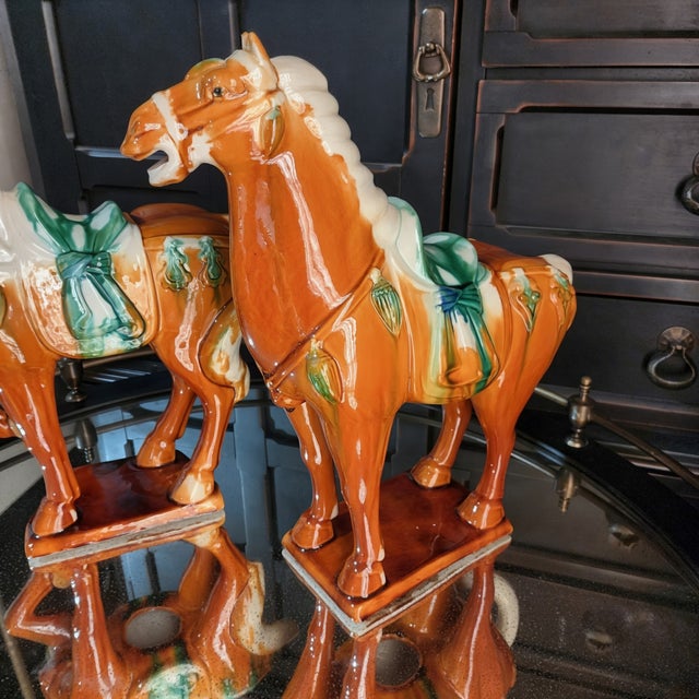 Vintage Pair of Tang Ceramic Horse Statues 14.5 Inch Tall Chinoiserie Statement Decor For Sale - Image 14 of 16